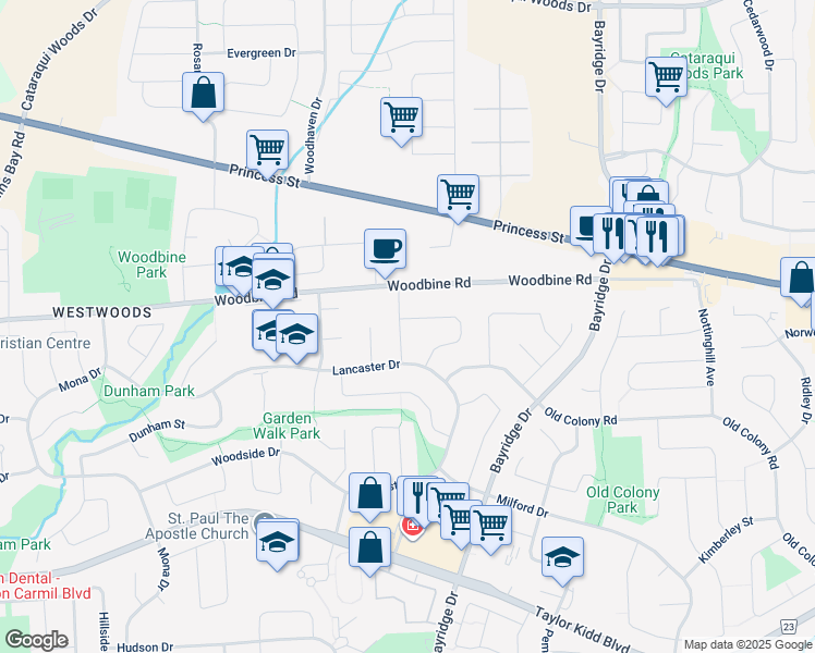 map of restaurants, bars, coffee shops, grocery stores, and more near 999 Edinborough Crescent in Kingston