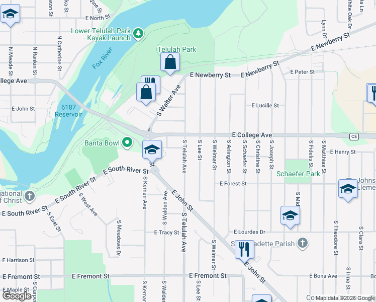 map of restaurants, bars, coffee shops, grocery stores, and more near 512 South Telulah Avenue in Appleton
