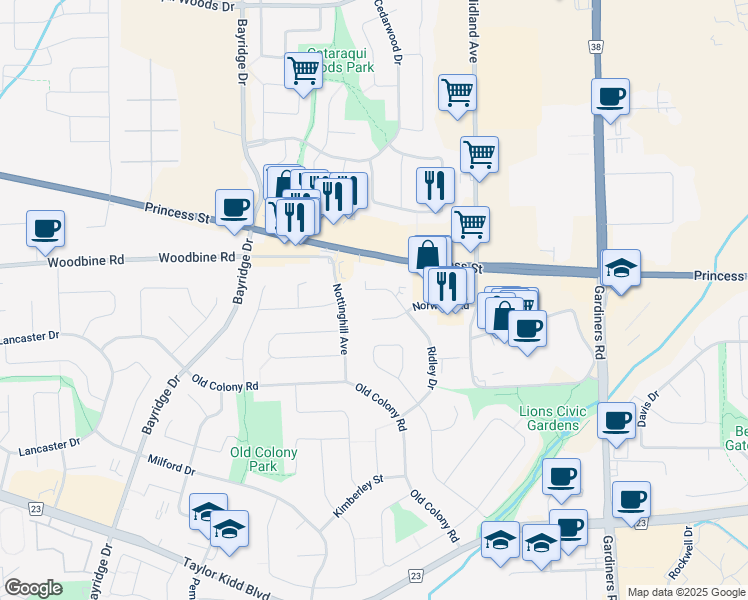 map of restaurants, bars, coffee shops, grocery stores, and more near 805 Ridley Drive in Kingston
