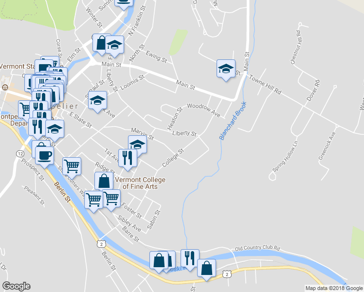 map of restaurants, bars, coffee shops, grocery stores, and more near 76 College Street in Montpelier