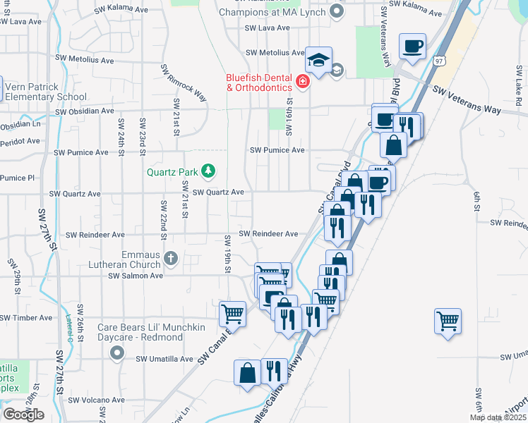 map of restaurants, bars, coffee shops, grocery stores, and more near 1942 Southwest Canyon Drive in Redmond