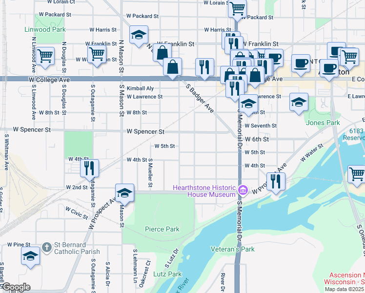 map of restaurants, bars, coffee shops, grocery stores, and more near 514 S Story St in Appleton