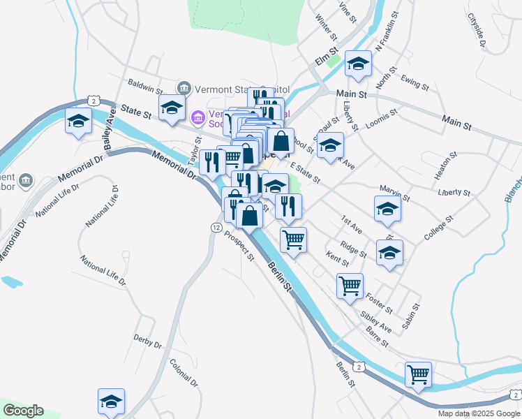 map of restaurants, bars, coffee shops, grocery stores, and more near 37 Barre Street in Montpelier