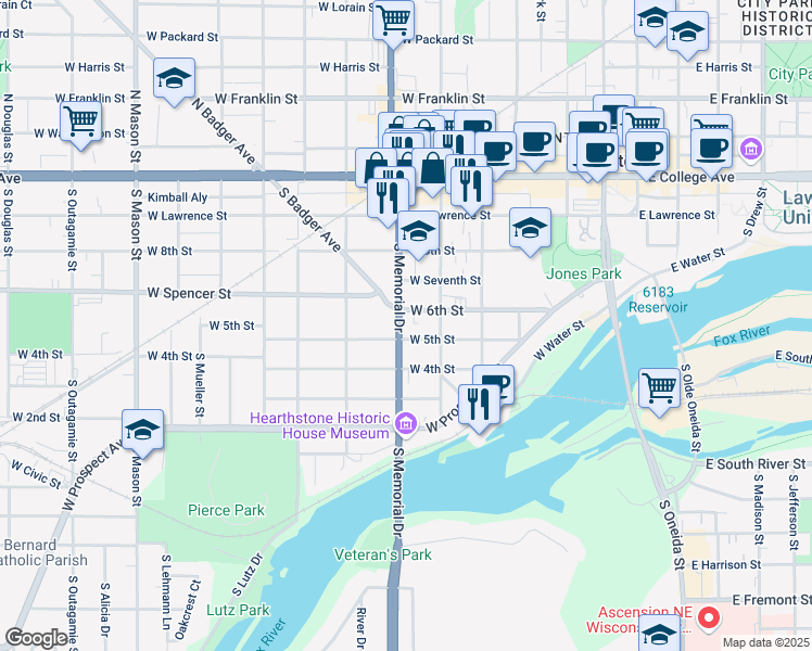 map of restaurants, bars, coffee shops, grocery stores, and more near 614 West 5th Street in Appleton