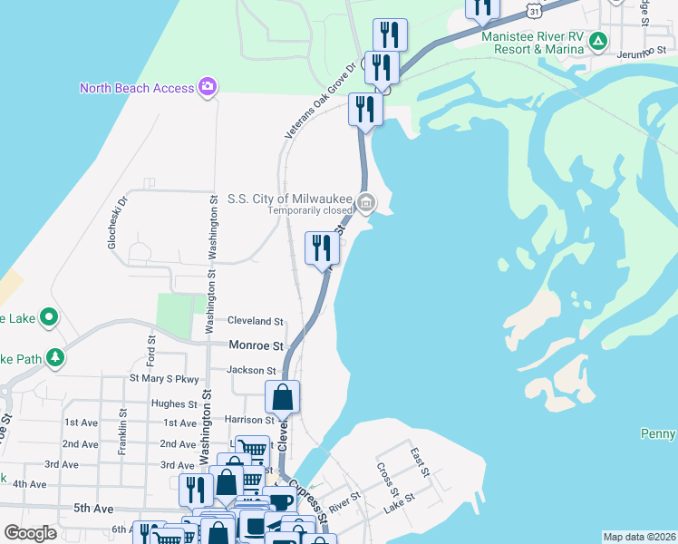 map of restaurants, bars, coffee shops, grocery stores, and more near 33 Arthur Street in Manistee