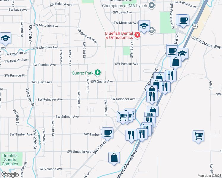 map of restaurants, bars, coffee shops, grocery stores, and more near 2013 Southwest Canyon Drive in Redmond