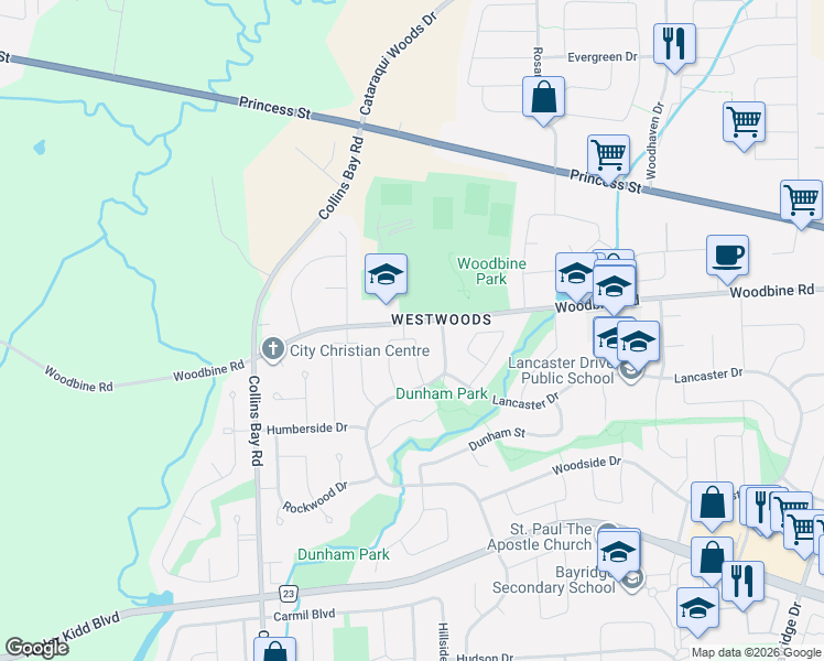 map of restaurants, bars, coffee shops, grocery stores, and more near 1048 Palmerston Crescent in Kingston