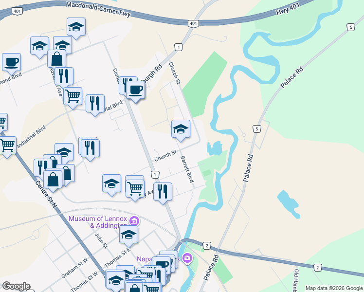 map of restaurants, bars, coffee shops, grocery stores, and more near 235 Church Street in Napanee