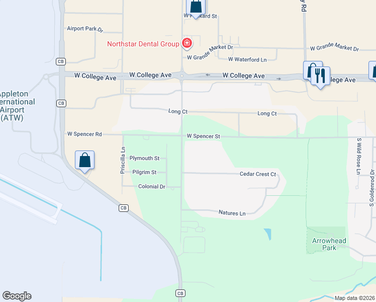 map of restaurants, bars, coffee shops, grocery stores, and more near 606 South Mayflower Drive in Appleton