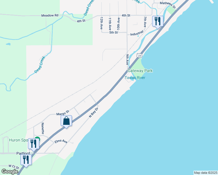 map of restaurants, bars, coffee shops, grocery stores, and more near 1008 West Lake Street in Tawas City
