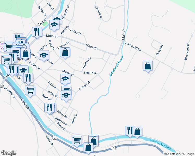 map of restaurants, bars, coffee shops, grocery stores, and more near 91 College Street in Montpelier