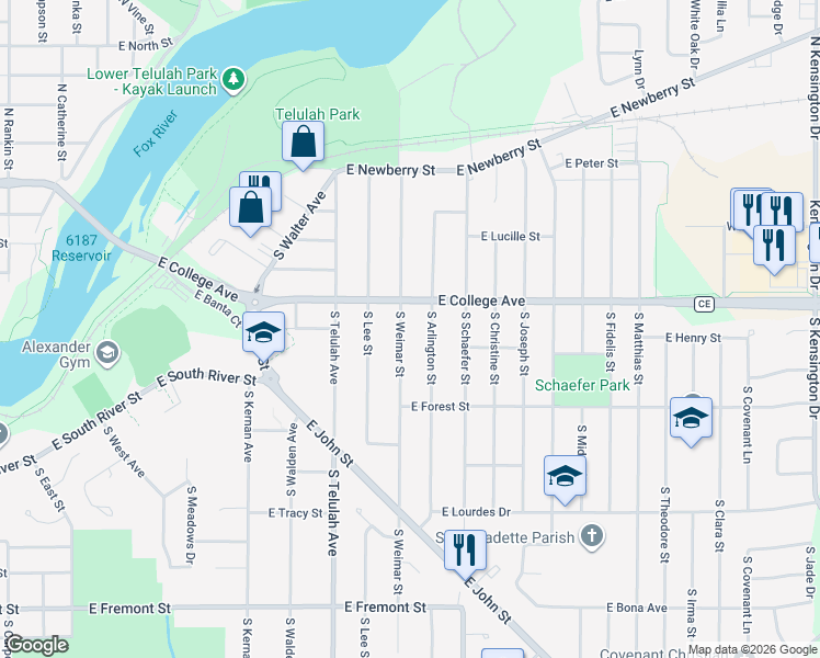 map of restaurants, bars, coffee shops, grocery stores, and more near 508 South Weimar Street in Appleton