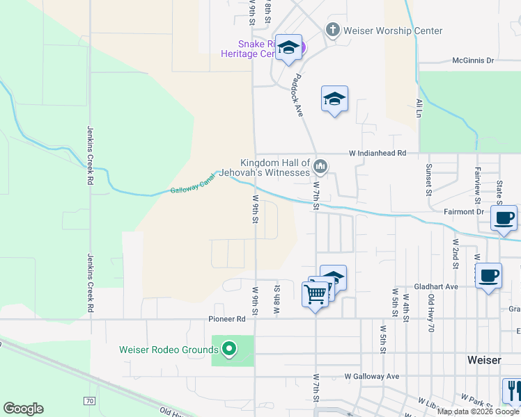 map of restaurants, bars, coffee shops, grocery stores, and more near 1725 West 9th Street in Weiser