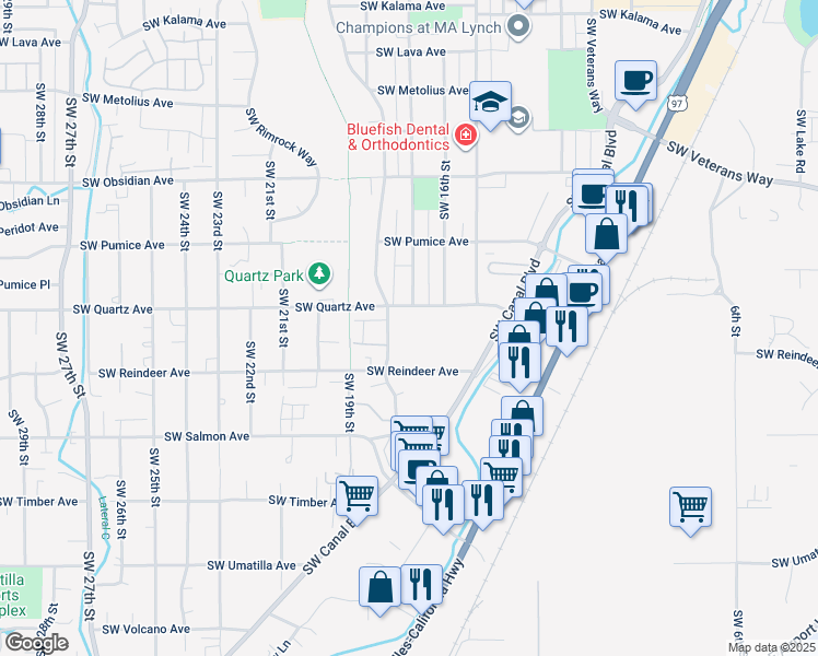 map of restaurants, bars, coffee shops, grocery stores, and more near 1942 Southwest Canyon Drive in Redmond