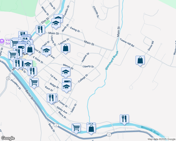 map of restaurants, bars, coffee shops, grocery stores, and more near 76 College Street in Montpelier