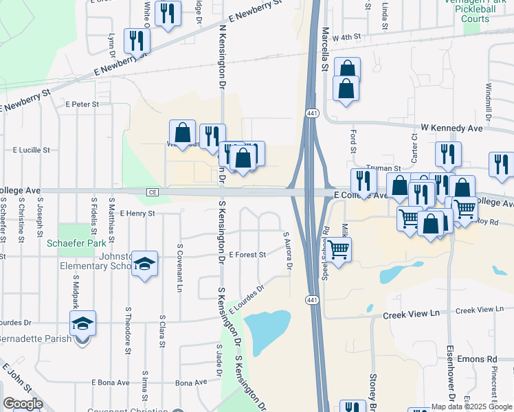 map of restaurants, bars, coffee shops, grocery stores, and more near 3300 East Canary Street in Appleton
