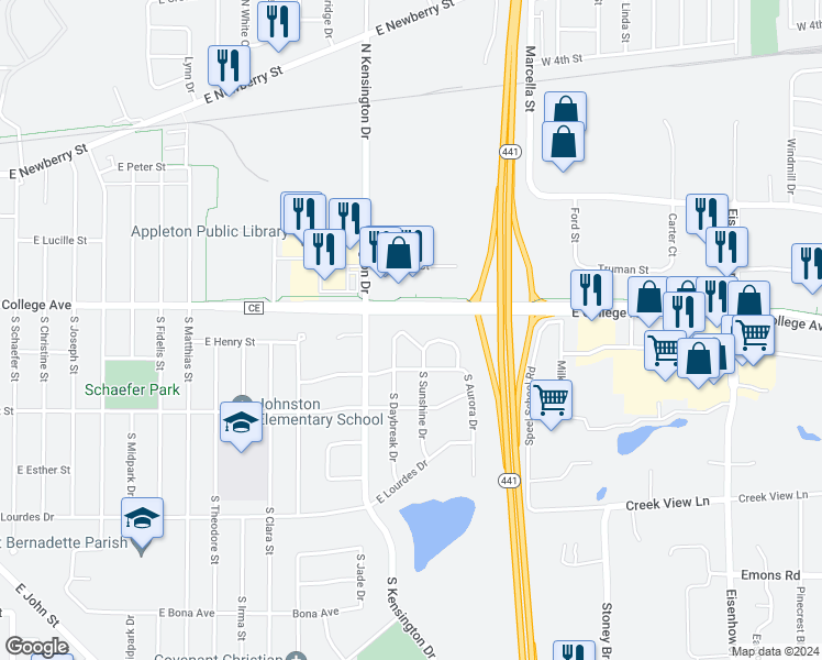 map of restaurants, bars, coffee shops, grocery stores, and more near 3300 East Canary Street in Appleton
