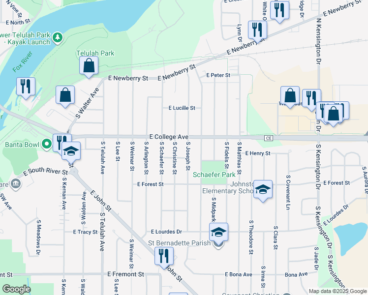 map of restaurants, bars, coffee shops, grocery stores, and more near 514 South Joseph Street in Appleton