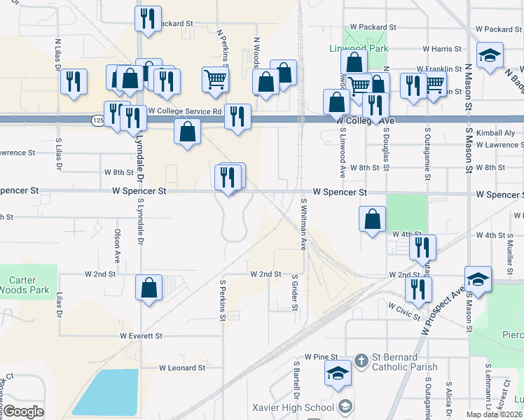 map of restaurants, bars, coffee shops, grocery stores, and more near 2015 West Spencer Street in Appleton