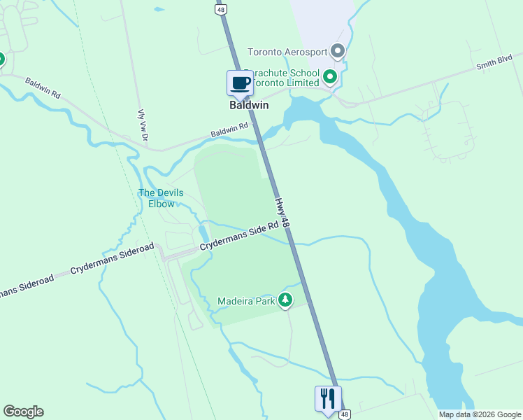 map of restaurants, bars, coffee shops, grocery stores, and more near 375 Crydermans Side Road in Baldwin