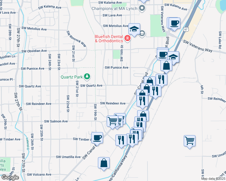 map of restaurants, bars, coffee shops, grocery stores, and more near 1942 Southwest Canyon Drive in Redmond