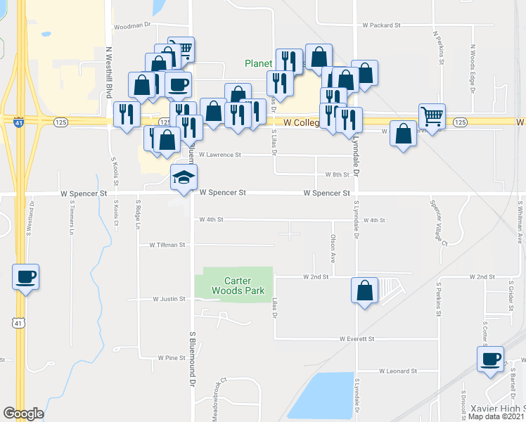 map of restaurants, bars, coffee shops, grocery stores, and more near 2940 West 4th Street in Appleton