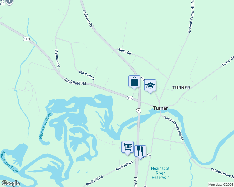 map of restaurants, bars, coffee shops, grocery stores, and more near 28 Buckfield Road in Turner