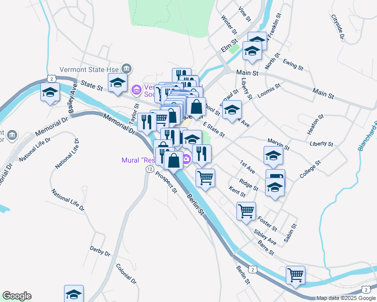 map of restaurants, bars, coffee shops, grocery stores, and more near 58 Barre Street in Montpelier