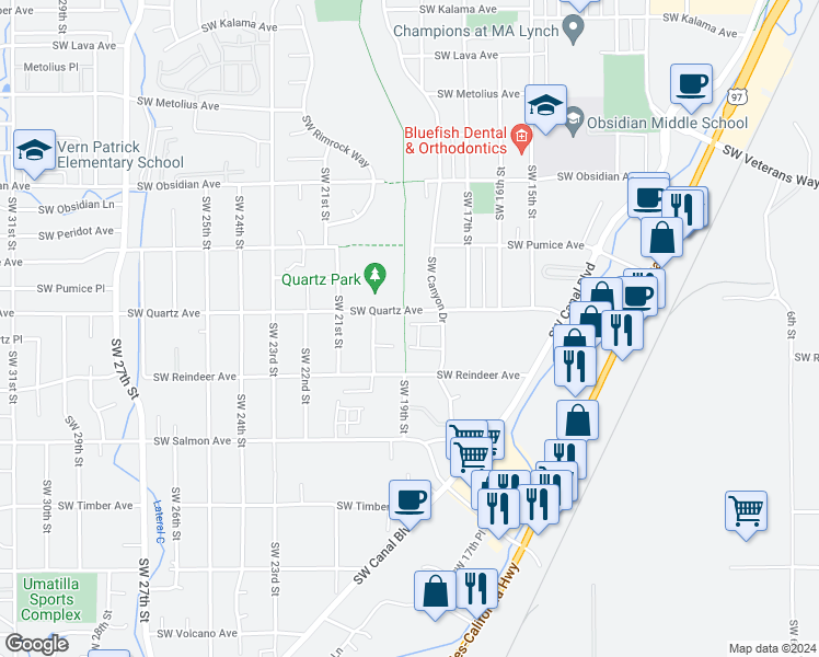 map of restaurants, bars, coffee shops, grocery stores, and more near 1951 Southwest Canyon Drive in Redmond
