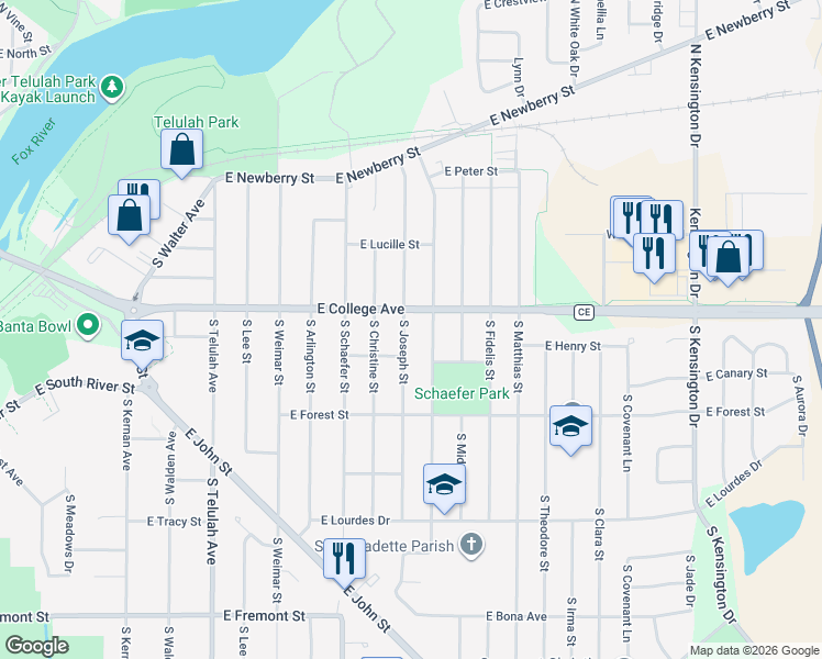 map of restaurants, bars, coffee shops, grocery stores, and more near 514 South Joseph Street in Appleton
