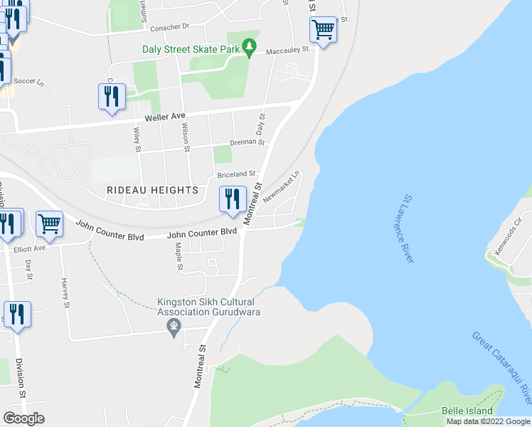 map of restaurants, bars, coffee shops, grocery stores, and more near 789 Newmarket Lane in Kingston