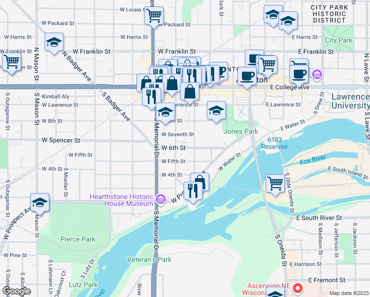 map of restaurants, bars, coffee shops, grocery stores, and more near 524 West 5th Street in Appleton