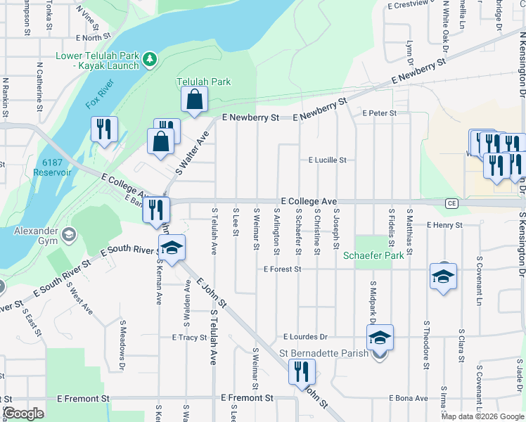 map of restaurants, bars, coffee shops, grocery stores, and more near 508 South Weimar Street in Appleton