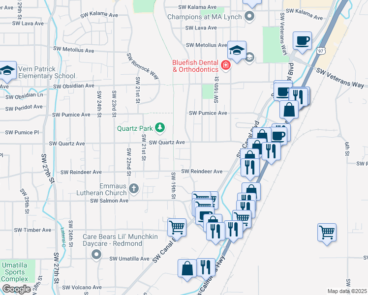 map of restaurants, bars, coffee shops, grocery stores, and more near 1935 Southwest Canyon Drive in Redmond