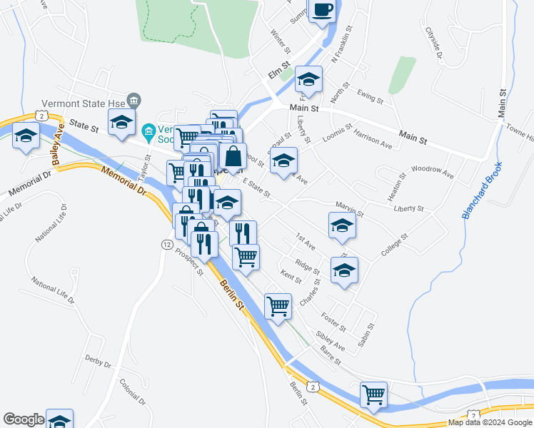 map of restaurants, bars, coffee shops, grocery stores, and more near 78 Hubbard Street in Montpelier