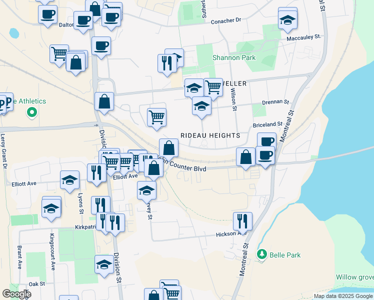 map of restaurants, bars, coffee shops, grocery stores, and more near 850 John Counter Boulevard in Kingston