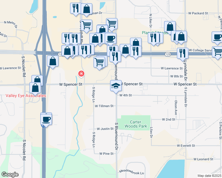 map of restaurants, bars, coffee shops, grocery stores, and more near 501 South Bluemound Drive in Appleton