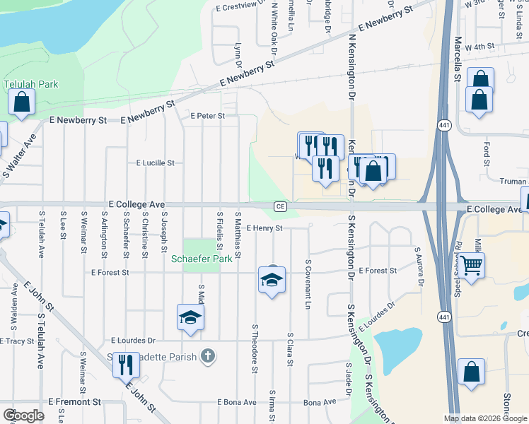 map of restaurants, bars, coffee shops, grocery stores, and more near 2711 East Henry Street in Appleton