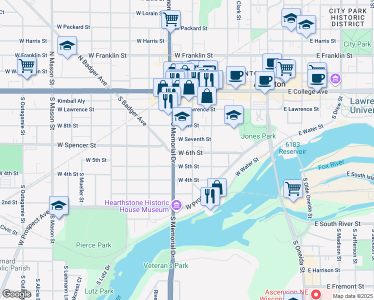 map of restaurants, bars, coffee shops, grocery stores, and more near 614 West 5th Street in Appleton