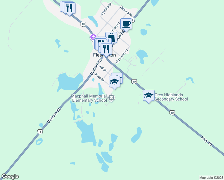 map of restaurants, bars, coffee shops, grocery stores, and more near 38 Alice Street in Flesherton