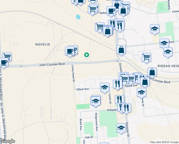 map of restaurants, bars, coffee shops, grocery stores, and more near 75 Wycliffe Crescent in Kingston
