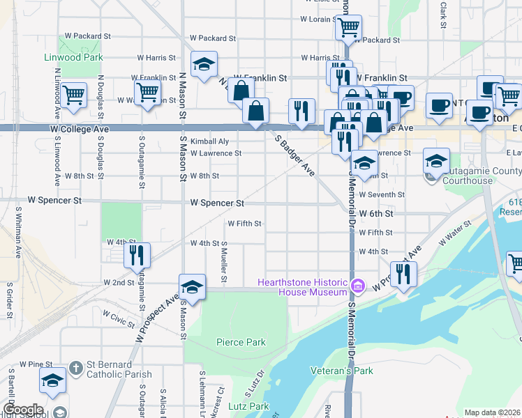 map of restaurants, bars, coffee shops, grocery stores, and more near 514 South Story Street in Appleton