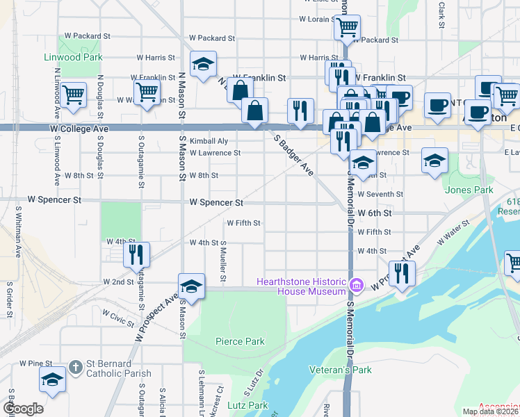 map of restaurants, bars, coffee shops, grocery stores, and more near 1003 West Spencer Street in Appleton