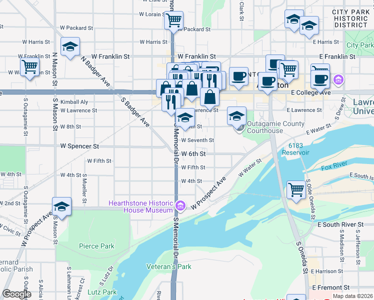 map of restaurants, bars, coffee shops, grocery stores, and more near 313 South State Street in Appleton