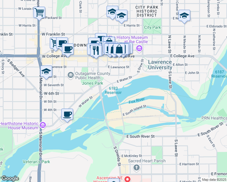 map of restaurants, bars, coffee shops, grocery stores, and more near 415 South Olde Oneida Street in Appleton