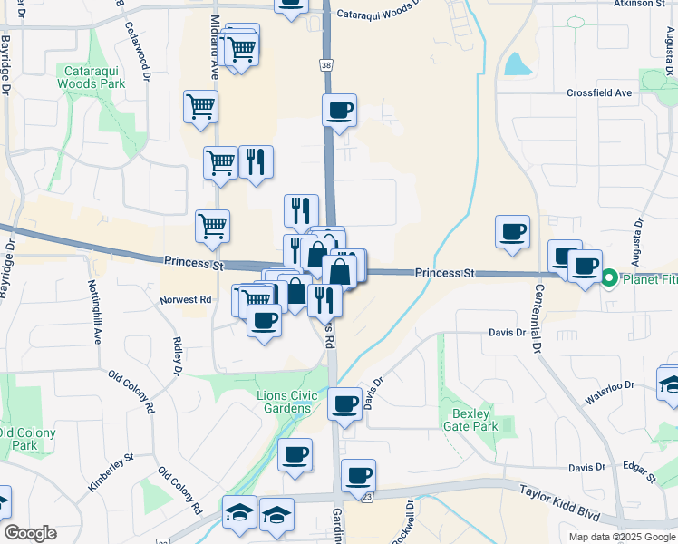 map of restaurants, bars, coffee shops, grocery stores, and more near Princess Street in Kingston