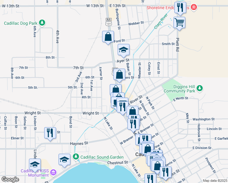 map of restaurants, bars, coffee shops, grocery stores, and more near 845 North Mitchell Street in Cadillac