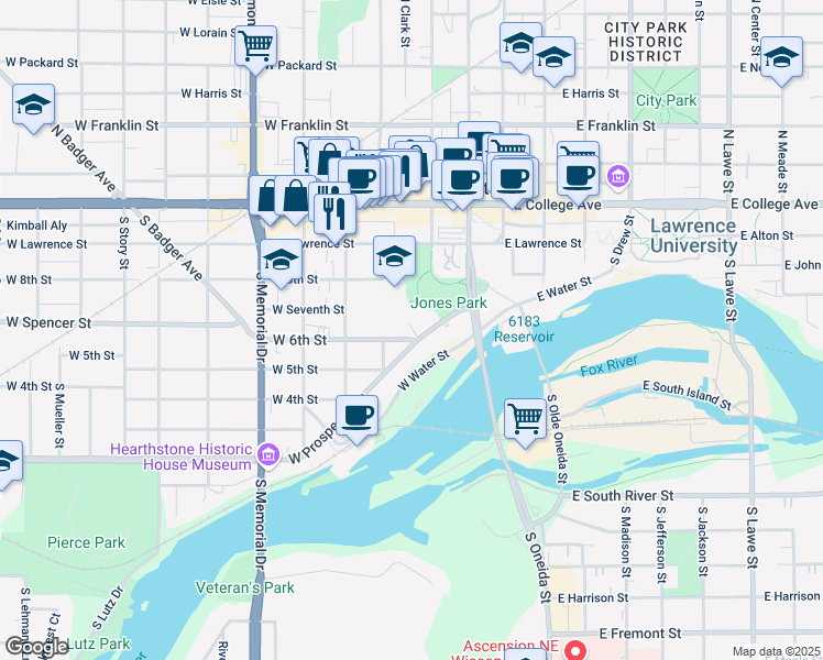 map of restaurants, bars, coffee shops, grocery stores, and more near 320 South Elm Street in Appleton