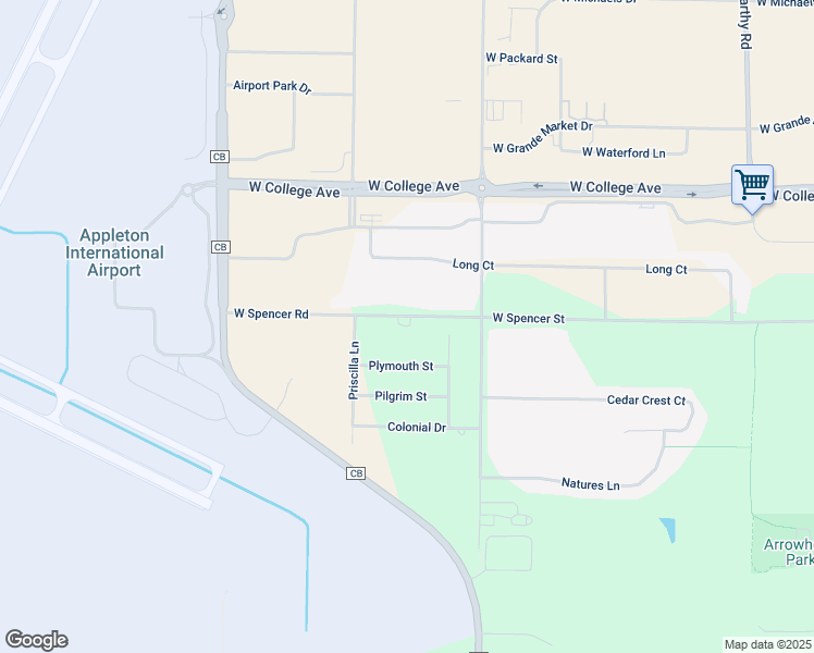 map of restaurants, bars, coffee shops, grocery stores, and more near W6168 Spencer Street in Appleton