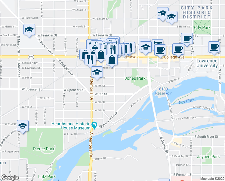 map of restaurants, bars, coffee shops, grocery stores, and more near 312 South State Street in Appleton